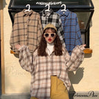 Turn-down Style Spring - Women's Plaid Outwear Loose 4 Neckline Blouse Harajuku with Fit Batwing-sleeve - - Colors image 1