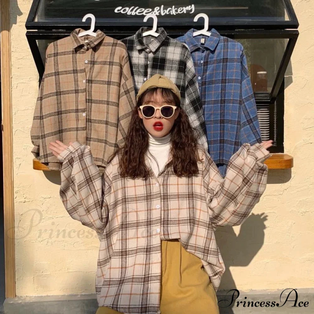 Turn-down Style Spring - Women's Plaid Outwear Loose 4 Neckline Blouse Harajuku with Fit Batwing-sleeve - - Colors image 1