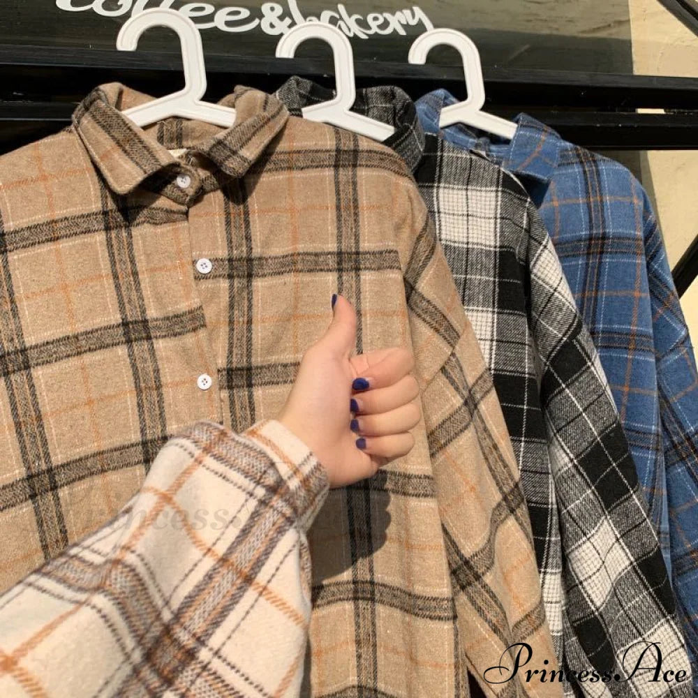 Turn-down Style Spring - Women's Plaid Outwear Loose 4 Neckline Blouse Harajuku with Fit Batwing-sleeve - - Colors image 2