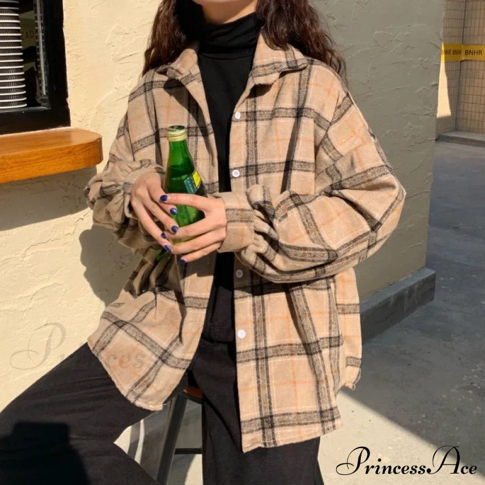 Turn-down Style Spring - Women's Plaid Outwear Loose 4 Neckline Blouse Harajuku with Fit Batwing-sleeve - - Colors image 3