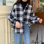 Turn-down Style Spring - Women's Plaid Outwear Loose 4 Neckline Blouse Harajuku with Fit Batwing-sleeve - - Colors image 11
