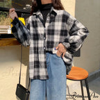 Turn-down Style Spring - Women's Plaid Outwear Loose 4 Neckline Blouse Harajuku with Fit Batwing-sleeve - - Colors image 16