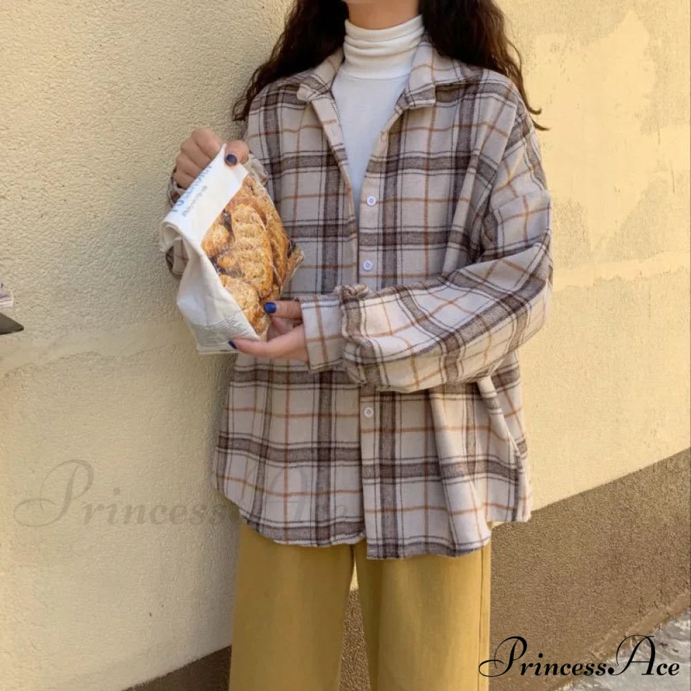 Turn-down Style Spring - Women's Plaid Outwear Loose 4 Neckline Blouse Harajuku with Fit Batwing-sleeve - - Colors image 18