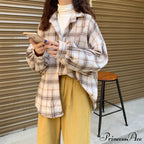 Turn-down Style Spring - Women's Plaid Outwear Loose 4 Neckline Blouse Harajuku with Fit Batwing-sleeve - - Colors image 19
