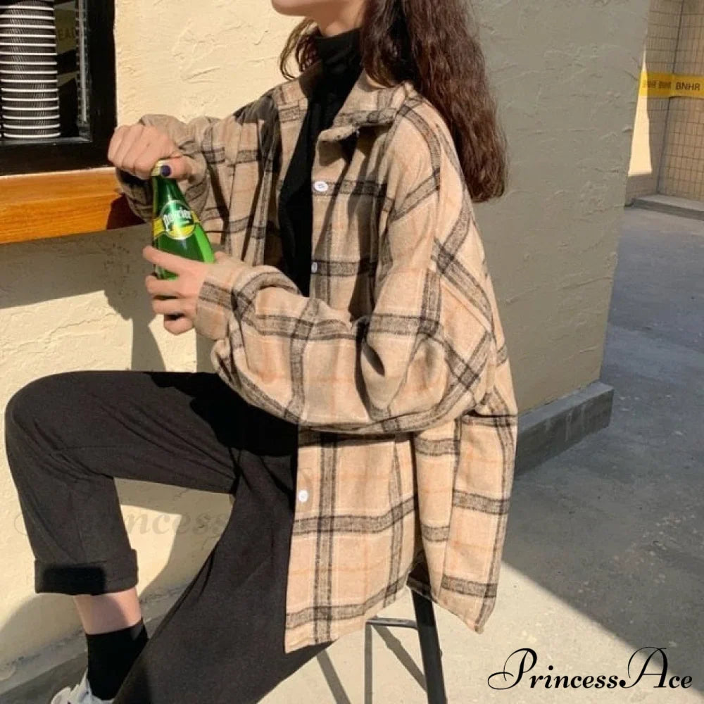 Turn-down Style Spring - Women's Plaid Outwear Loose 4 Neckline Blouse Harajuku with Fit Batwing-sleeve - - Colors image 4