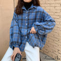 Turn-down Style Spring - Women's Plaid Outwear Loose 4 Neckline Blouse Harajuku with Fit Batwing-sleeve - - Colors image 13