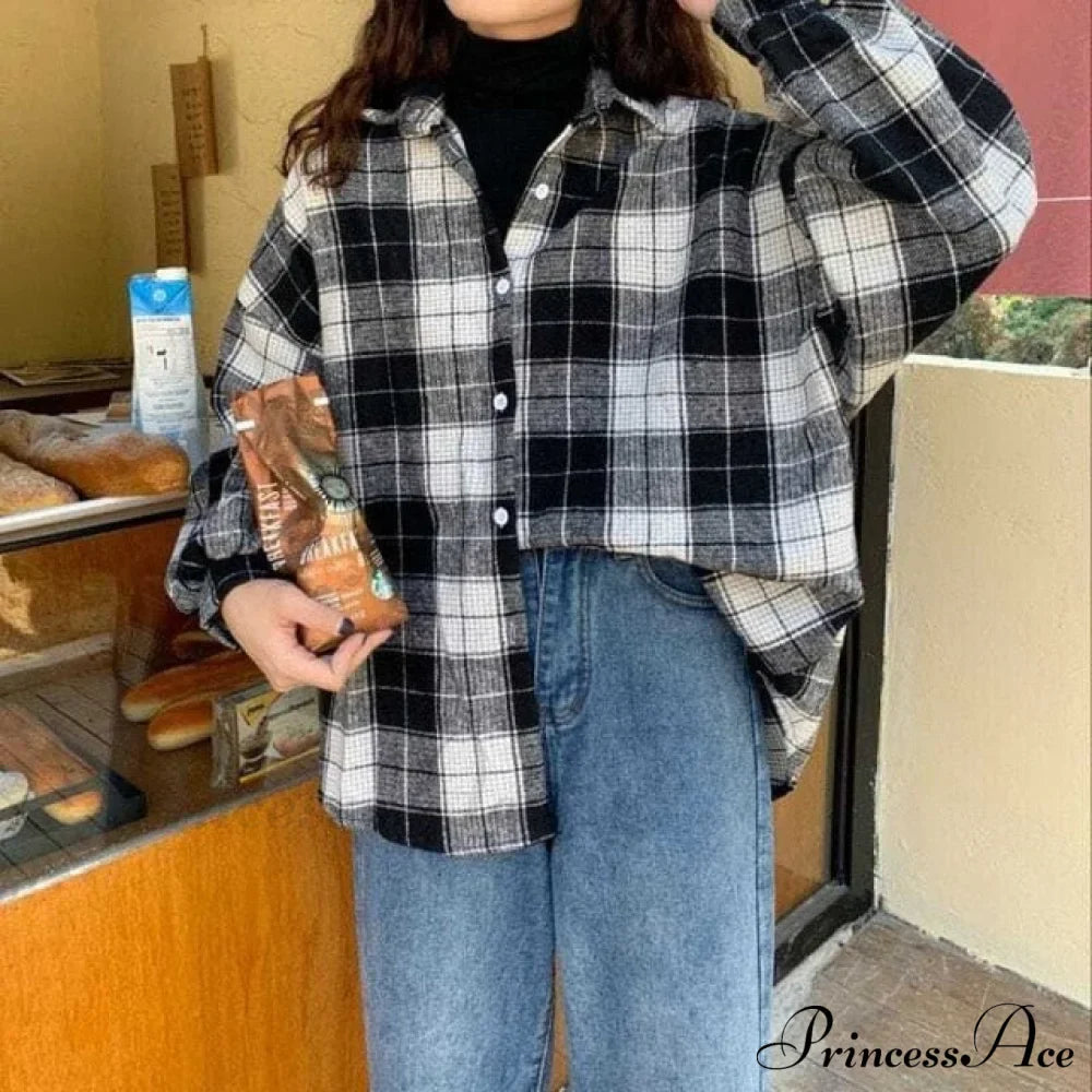 Turn-down Style Spring - Women's Plaid Outwear Loose 4 Neckline Blouse Harajuku with Fit Batwing-sleeve - - Colors image 9