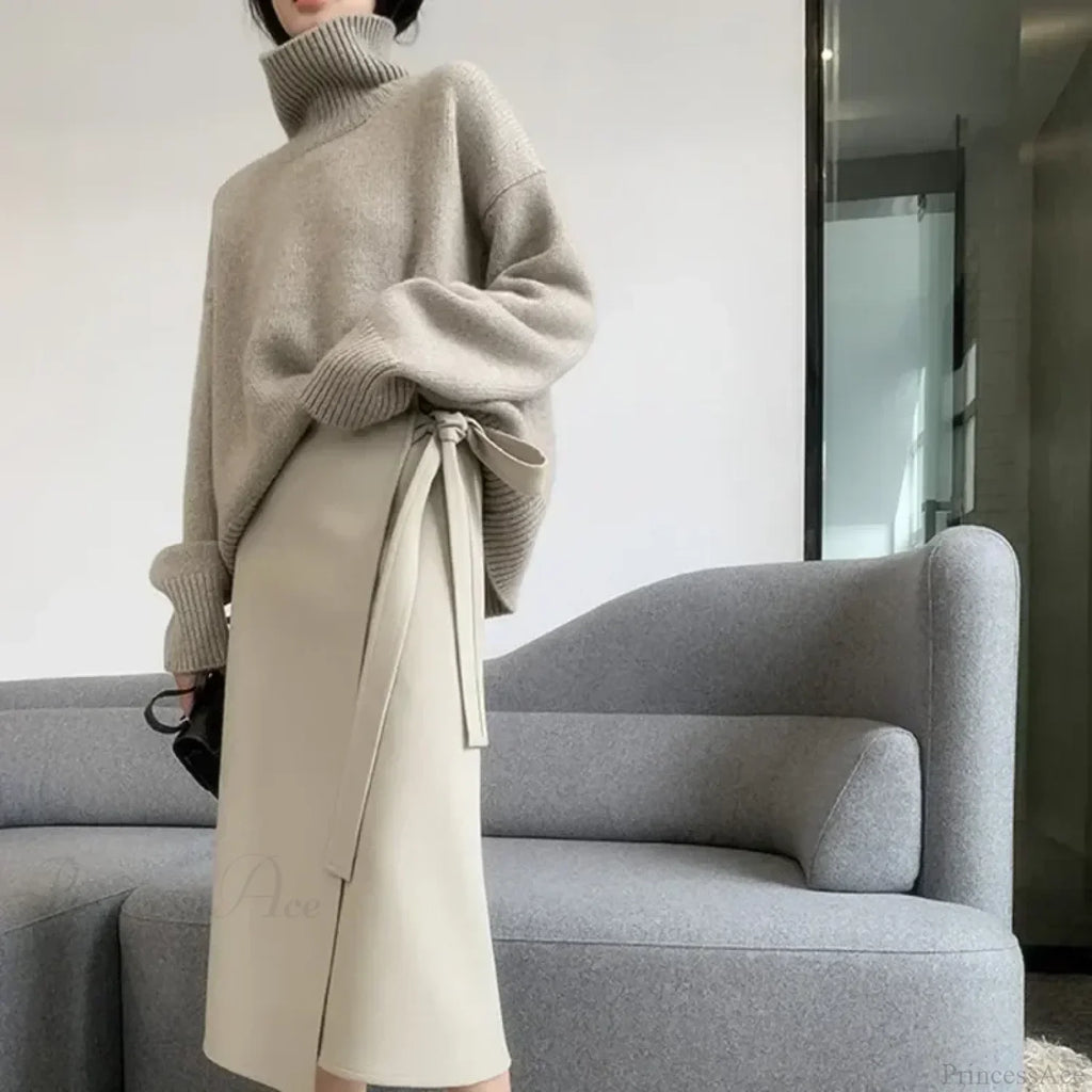 Turtleneck Elegant Gray Red Sweater image 4