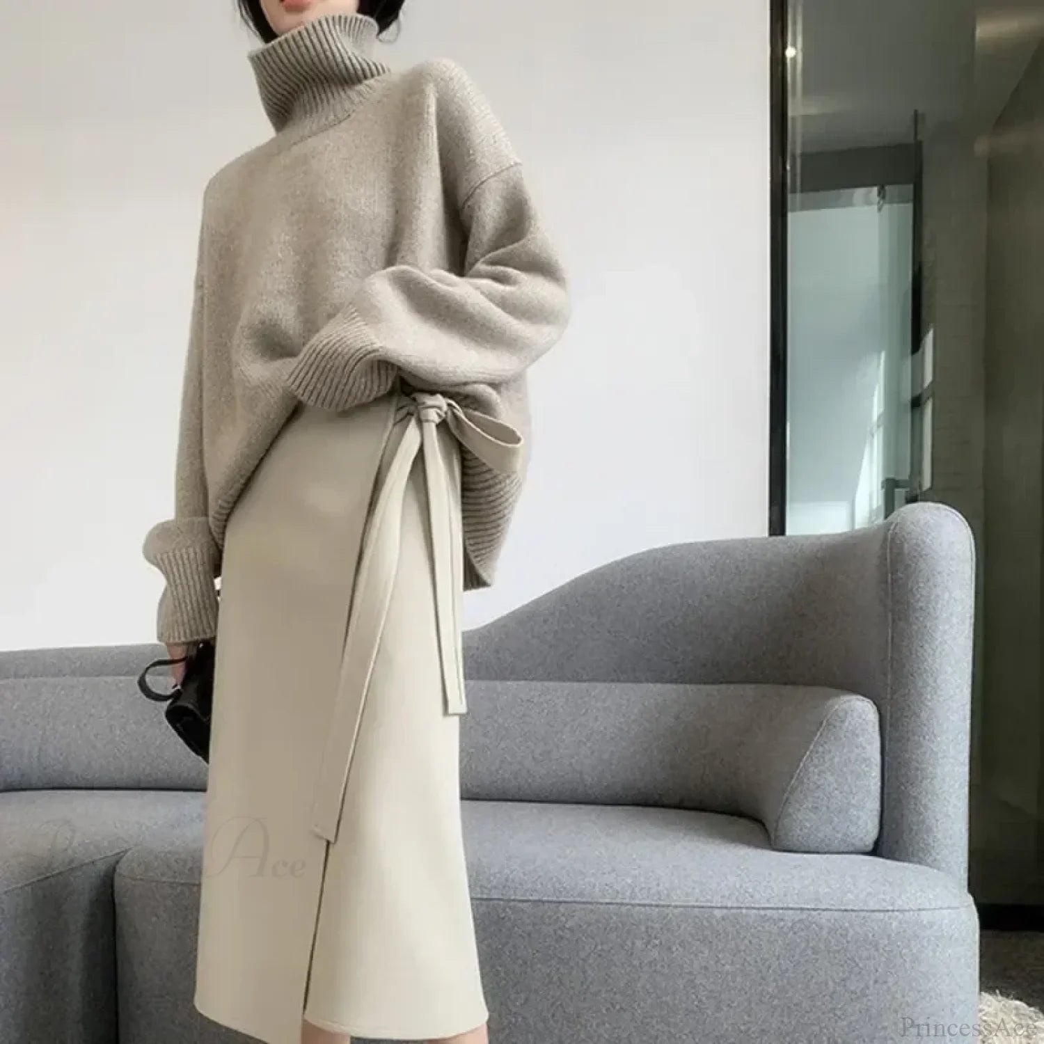Turtleneck Elegant Gray Red Sweater image 4