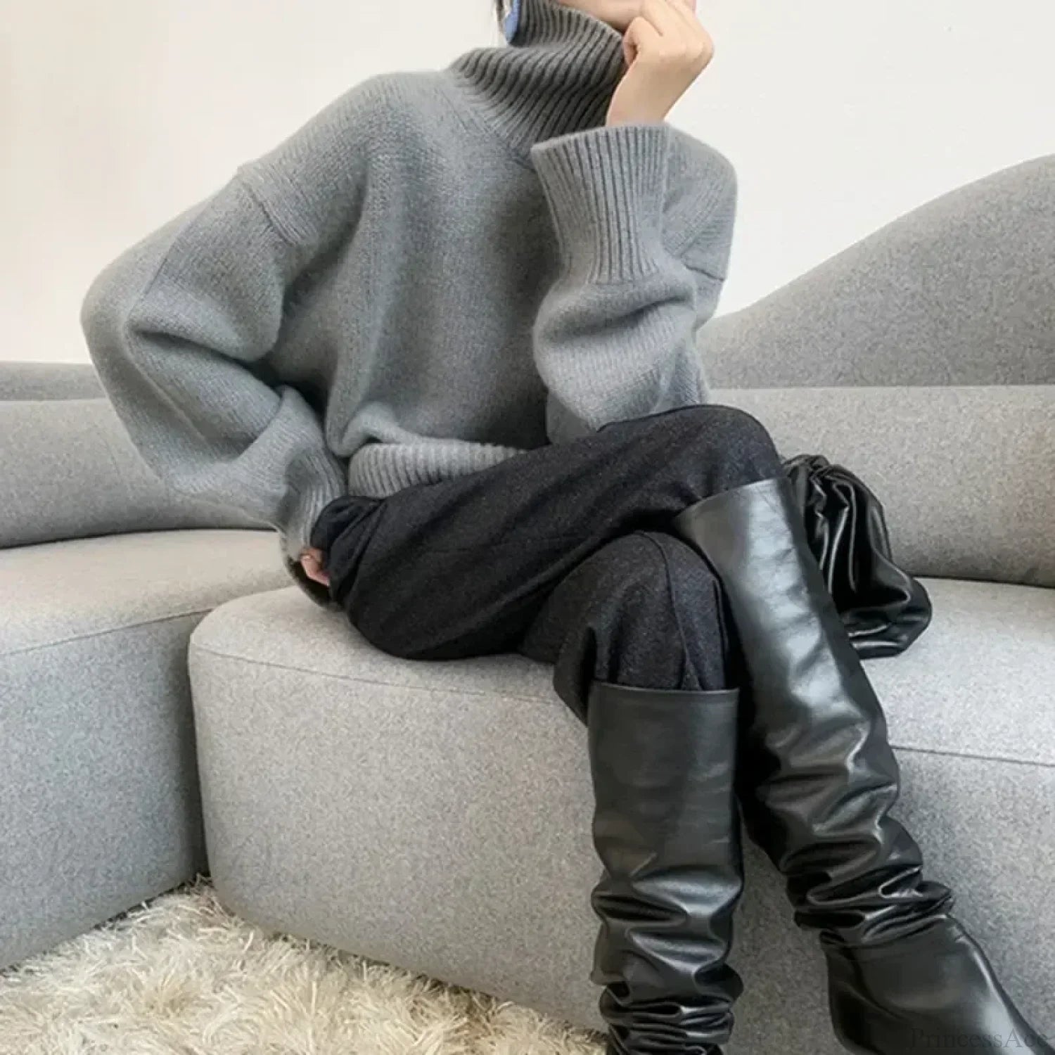 Turtleneck Elegant Gray Red Sweater image 3