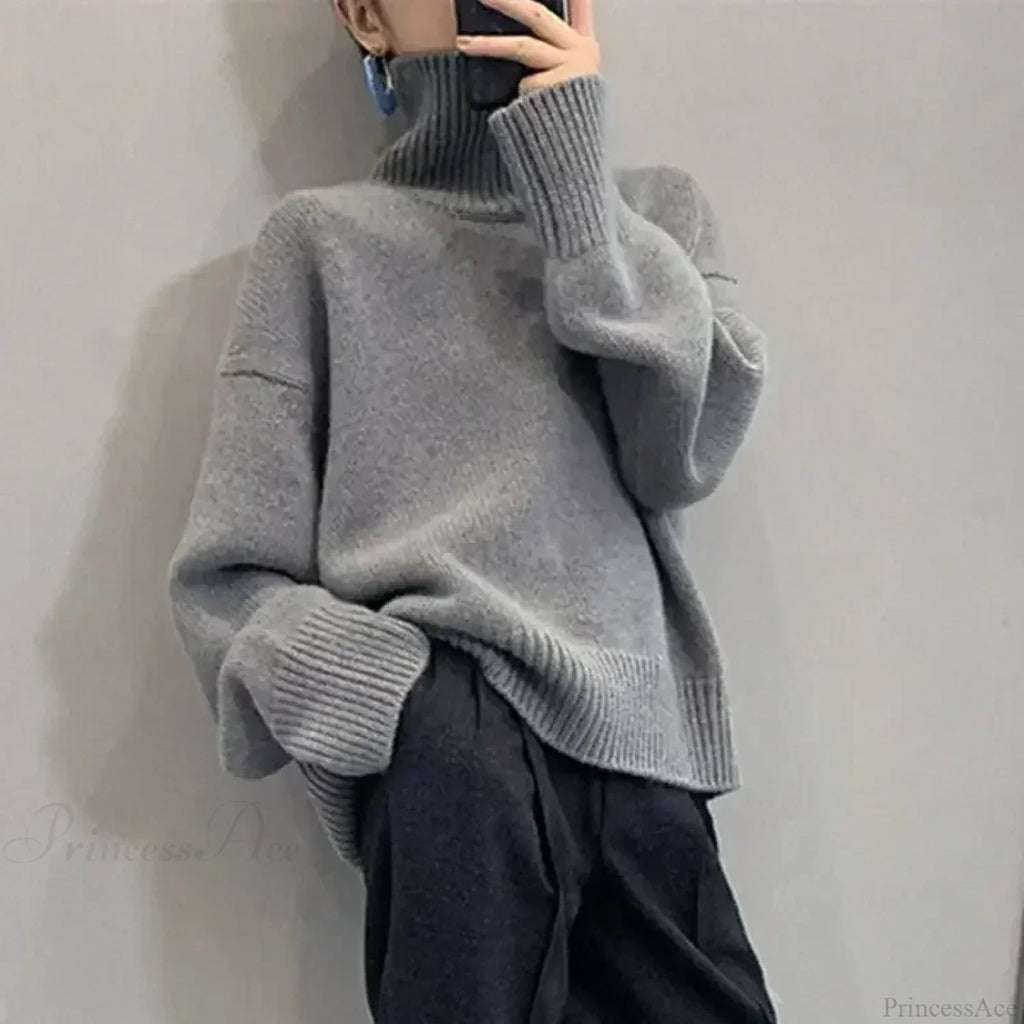 Turtleneck Elegant Gray Red Sweater image 2