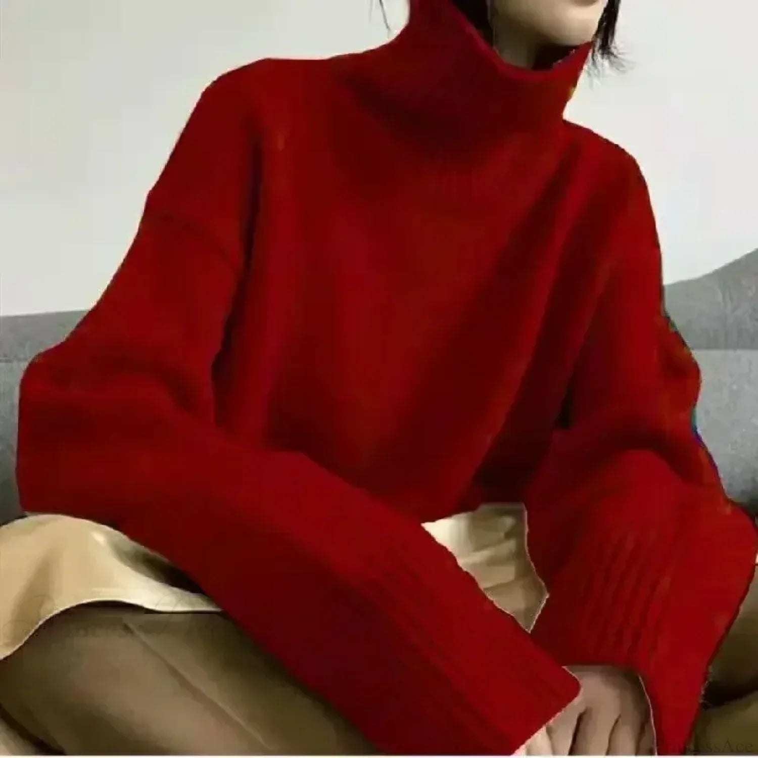 Turtleneck Elegant Gray Red Sweater image 5