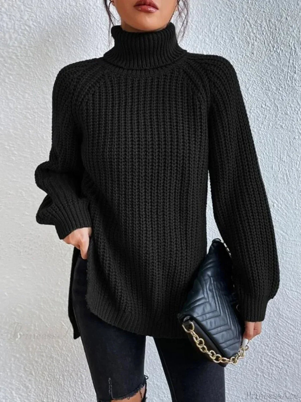 Turtleneck Split Crochet Thick Sweater image 3