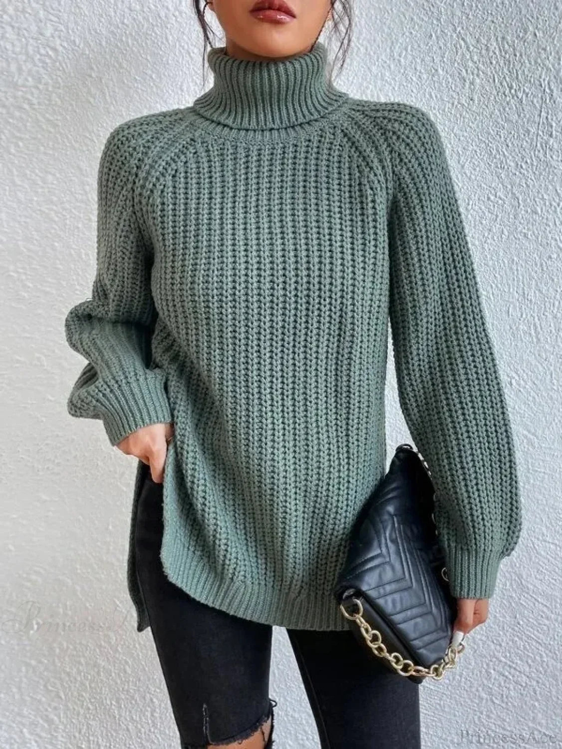 Turtleneck Split Crochet Thick Sweater image 13