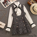 Tweed Elegant Gown Plaid + Chiffon Bow Top Double Breasted Vest Ruffles Blouse Set image 1
