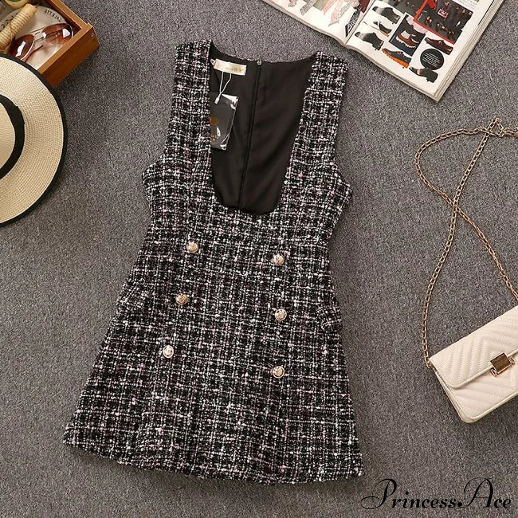 Tweed Elegant Gown Plaid + Chiffon Bow Top Double Breasted Vest Ruffles Blouse Set image 2