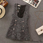 Tweed Elegant Gown Plaid + Chiffon Bow Top Double Breasted Vest Ruffles Blouse Set image 2