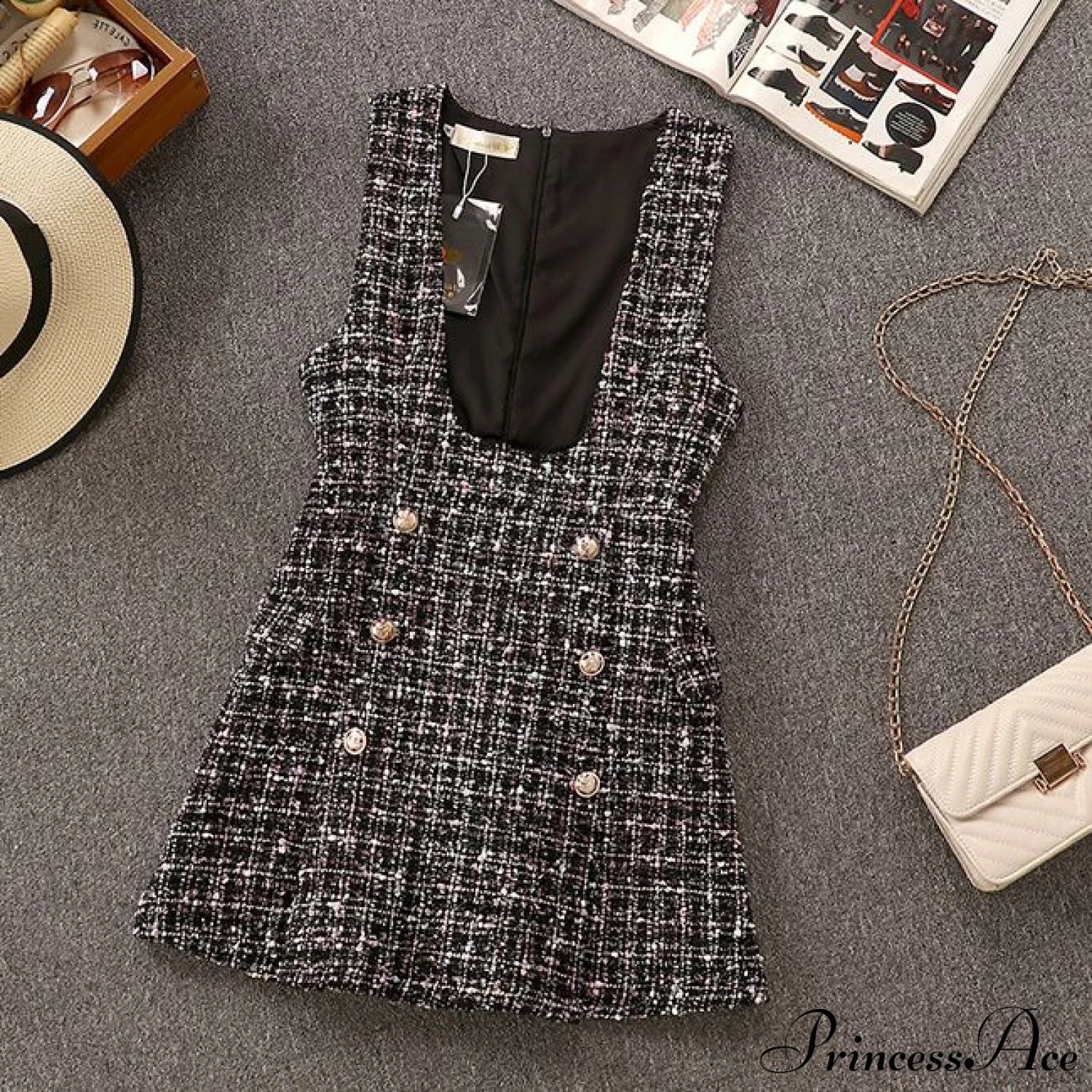 Tweed Elegant Gown Plaid + Chiffon Bow Top Double Breasted Vest Ruffles Blouse Set image 2