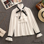 Tweed Elegant Gown Plaid + Chiffon Bow Top Double Breasted Vest Ruffles Blouse Set image 3