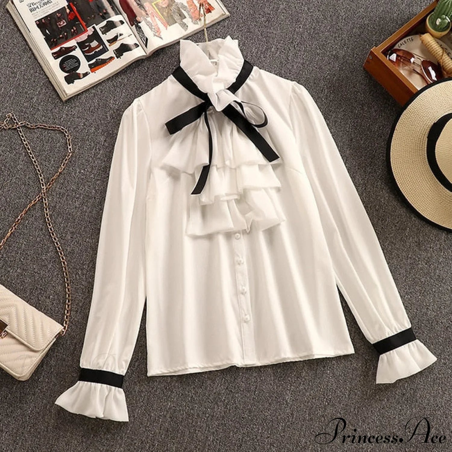 Tweed Elegant Gown Plaid + Chiffon Bow Top Double Breasted Vest Ruffles Blouse Set image 3