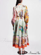 Unique Print Colorblock Balloon Graceful Sleeve Belt Shirt Midi Dress image 2