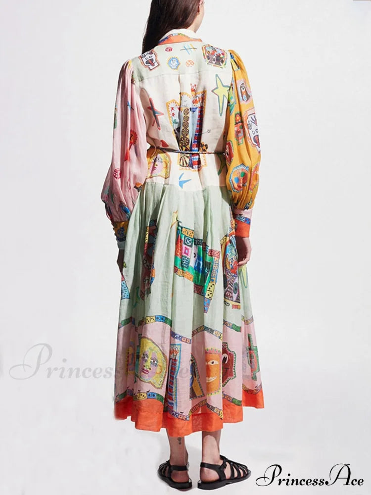 Unique Print Colorblock Balloon Graceful Sleeve Belt Shirt Midi Dress image 2