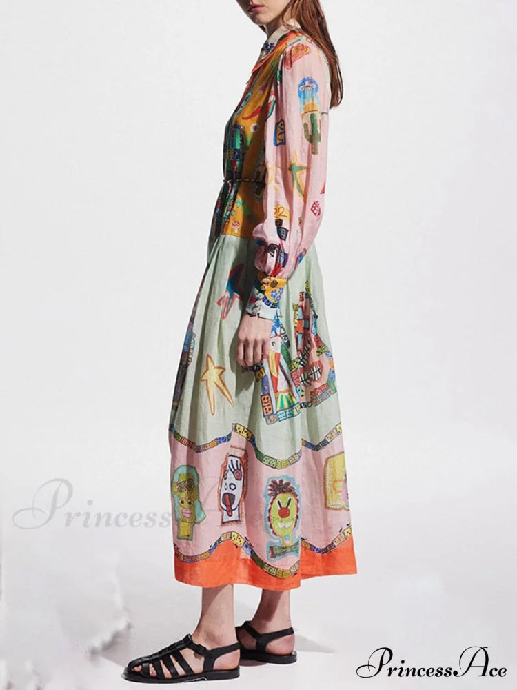 Unique Print Colorblock Balloon Graceful Sleeve Belt Shirt Midi Dress image 3