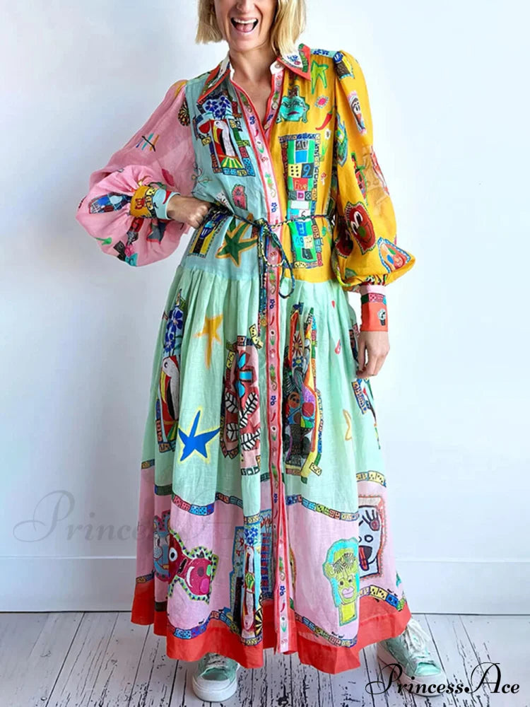 Unique Print Colorblock Balloon Graceful Sleeve Belt Shirt Midi Dress image 4