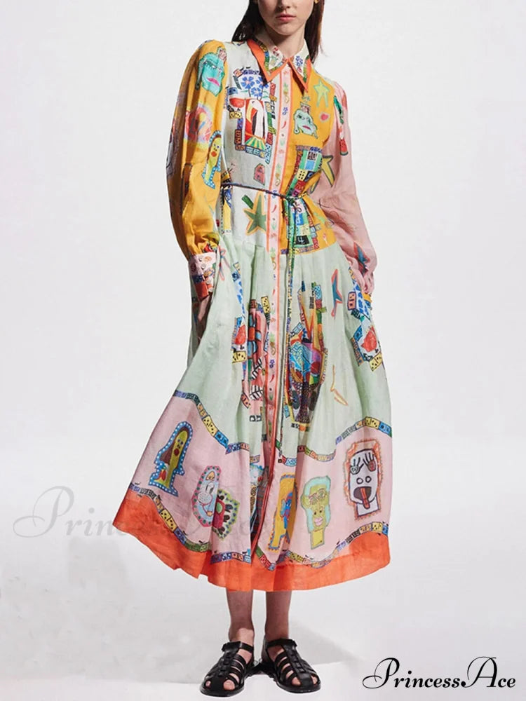 Unique Print Colorblock Balloon Graceful Sleeve Belt Shirt Midi Dress image 1
