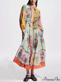 Unique Print Colorblock Balloon Graceful Sleeve Belt Shirt Midi Dress image 1