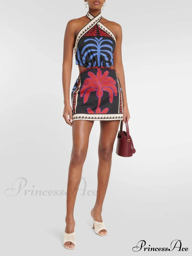 Unique Summer Print Charming Halter Neck Mini Dress image 2