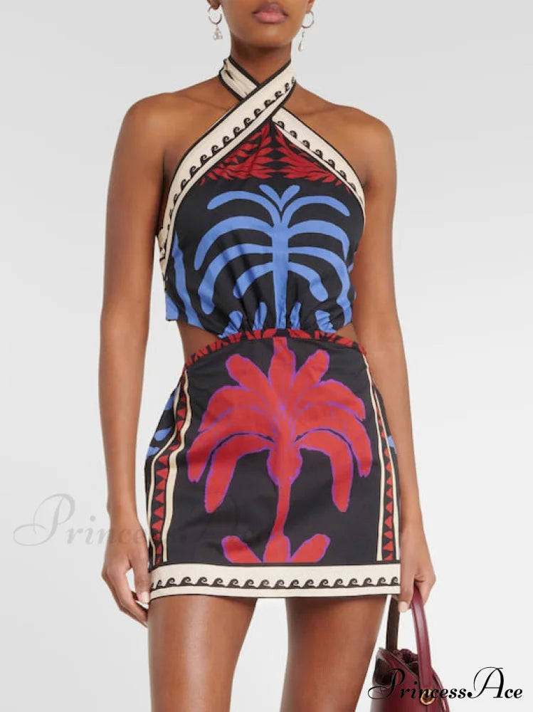 Unique Summer Print Charming Halter Neck Mini Dress image 1