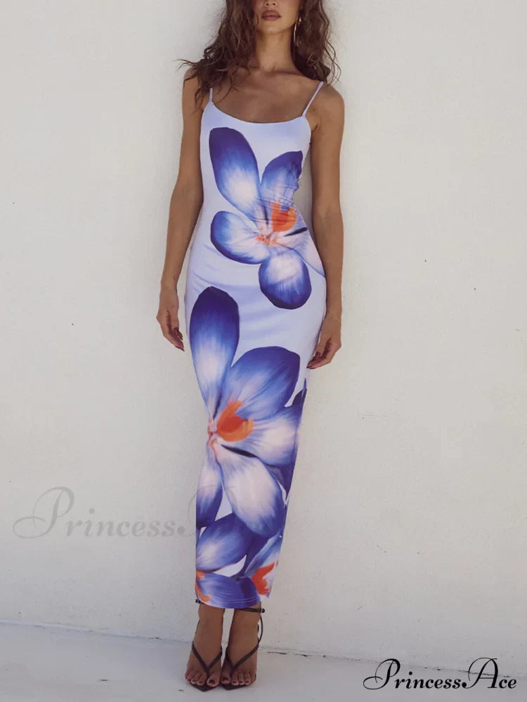 Unique Violet Floral Charming Print Strap Midi Dress image 2
