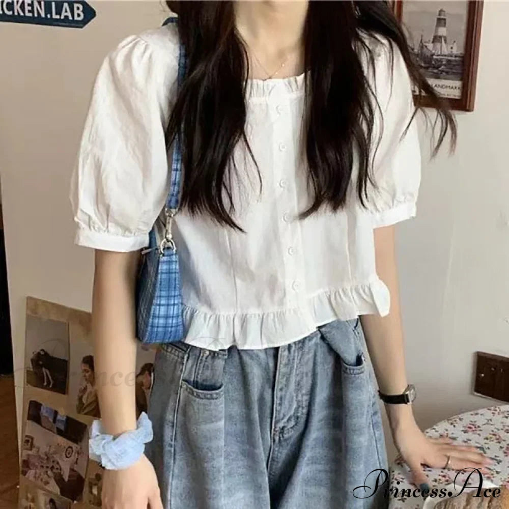 Up Cute Ruffles Women's Waist Button Blouse Clothing High Puff Youth Crop Warm-Season Top White Arm Elegant image 3