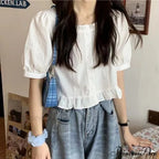 Up Cute Ruffles Women's Waist Button Blouse Clothing High Puff Youth Crop Warm-Season Top White Arm Elegant image 3