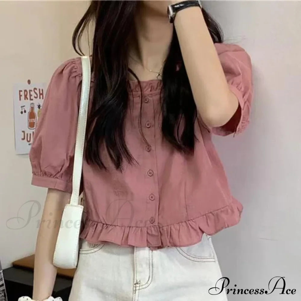 Up Cute Ruffles Women's Waist Button Blouse Clothing High Puff Youth Crop Warm-Season Top White Arm Elegant image 1