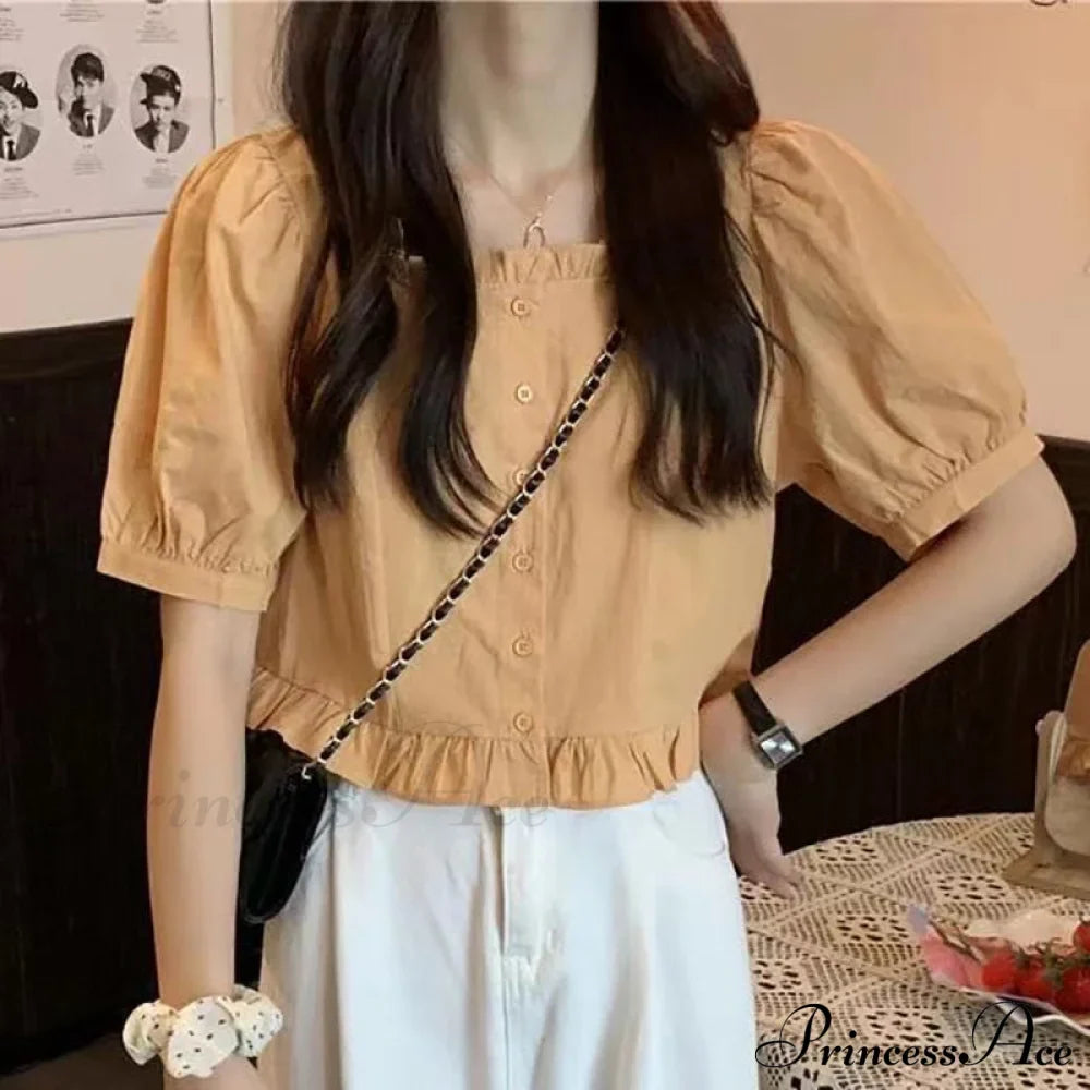 Up Cute Ruffles Women's Waist Button Blouse Clothing High Puff Youth Crop Warm-Season Top White Arm Elegant image 2