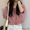 Up Cute Ruffles Women's Waist Button Blouse Clothing High Puff Youth Crop Warm-Season Top White Arm Elegant image 4