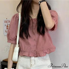 Up Cute Ruffles Women's Waist Button Blouse Clothing High Puff Youth Crop Warm-Season Top White Arm Elegant image 4