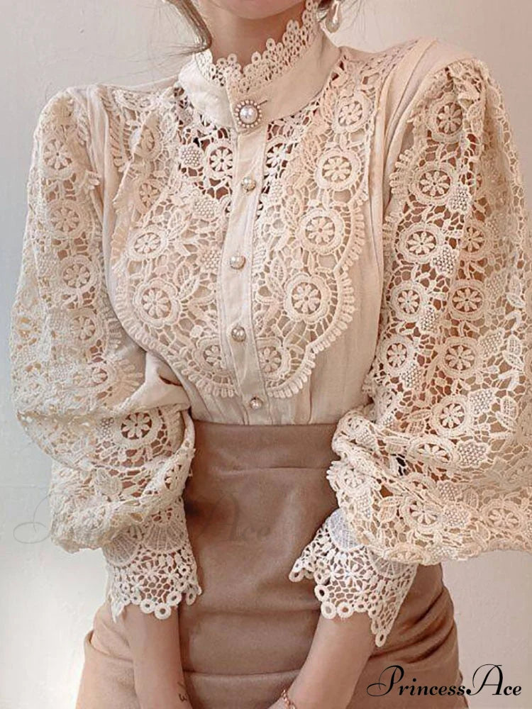 Up Pink Arm Lace Vintage Spliced Button Blouse Women's Long Casual Top image 9