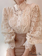 Up Pink Arm Lace Vintage Spliced Button Blouse Women's Long Casual Top image 9