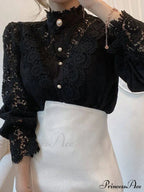 Up Pink Arm Lace Vintage Spliced Button Blouse Women's Long Casual Top image 11