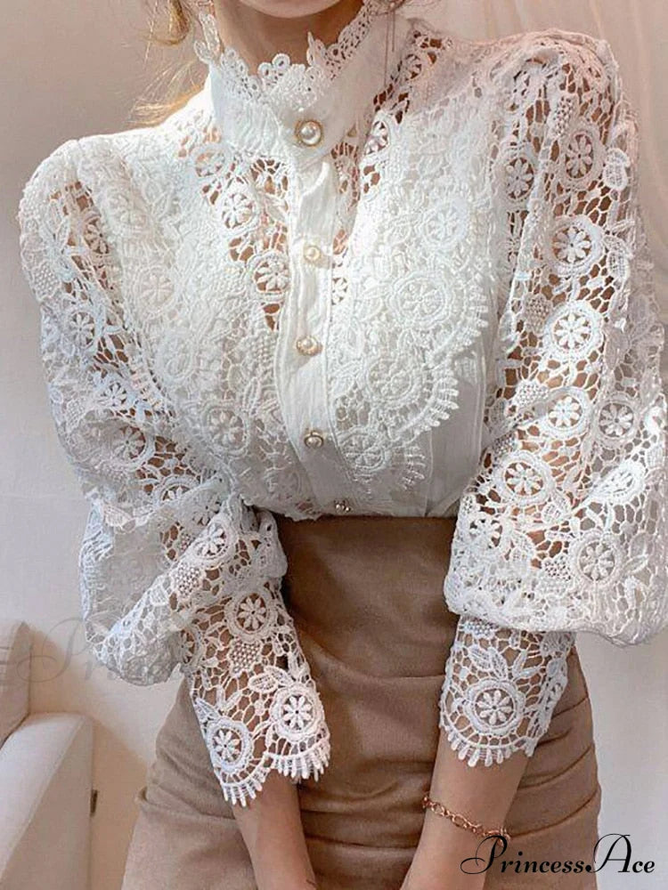 Up Pink Arm Lace Vintage Spliced Button Blouse Women's Long Casual Top image 10