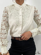 Up Pink Arm Lace Vintage Spliced Button Blouse Women's Long Casual Top image 8