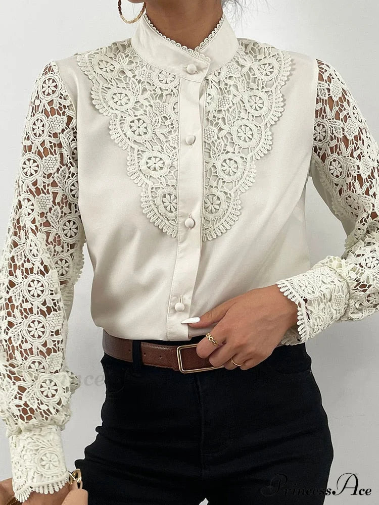 Up Pink Arm Lace Vintage Spliced Button Blouse Women's Long Casual Top image 8