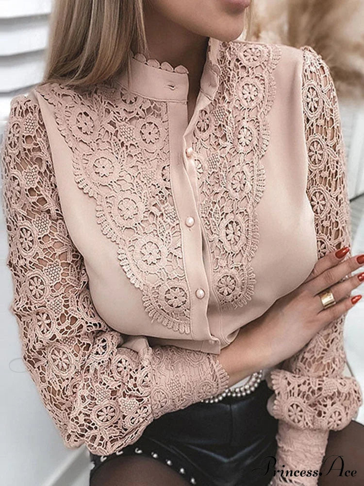 Up Pink Arm Lace Vintage Spliced Button Blouse Women's Long Casual Top image 1