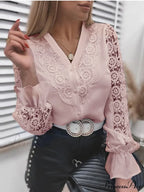 Up Pink Arm Lace Vintage Spliced Button Blouse Women's Long Casual Top image 7