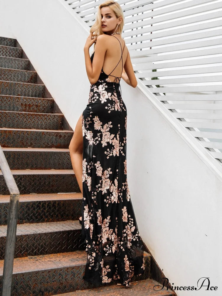 Up Split - Lace Party Halter Long Sequin Gown for Full-Length Gown Evening High with Length Sexy Women image 4