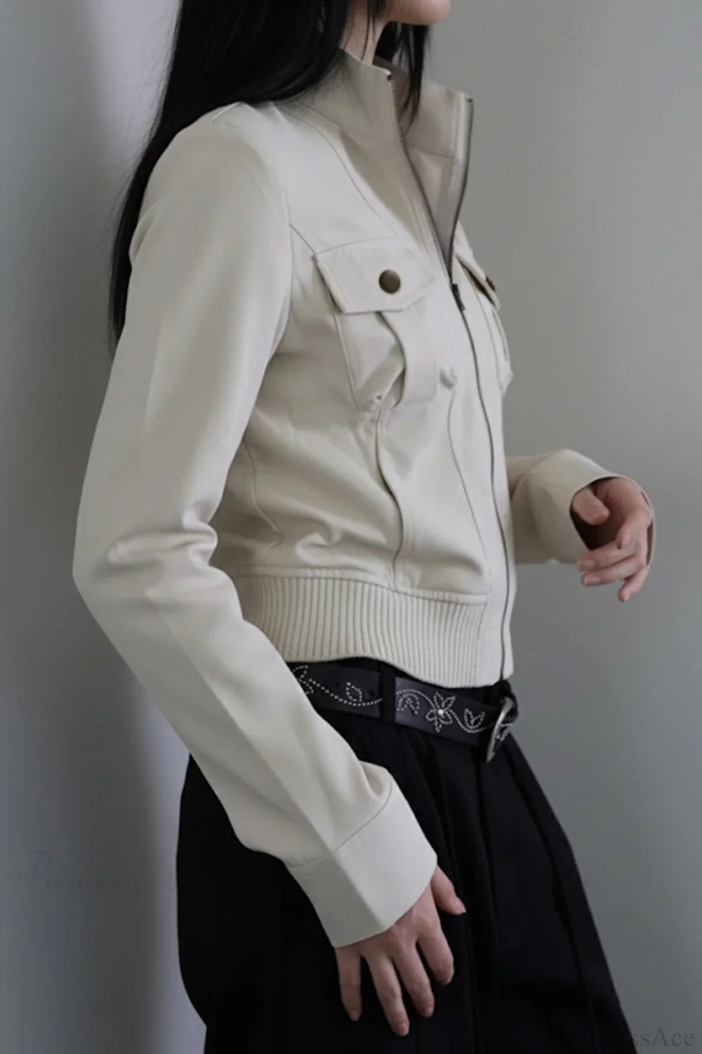 Utility Solid Color Pocket Stand Collar Waist Cinched Jacket image 2