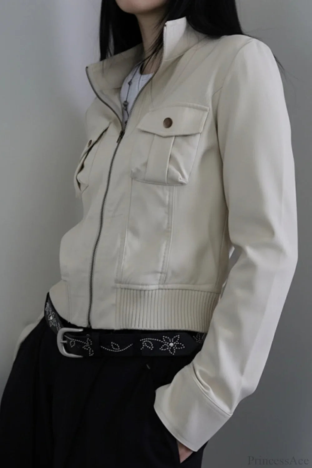 Utility Solid Color Pocket Stand Collar Waist Cinched Jacket image 3